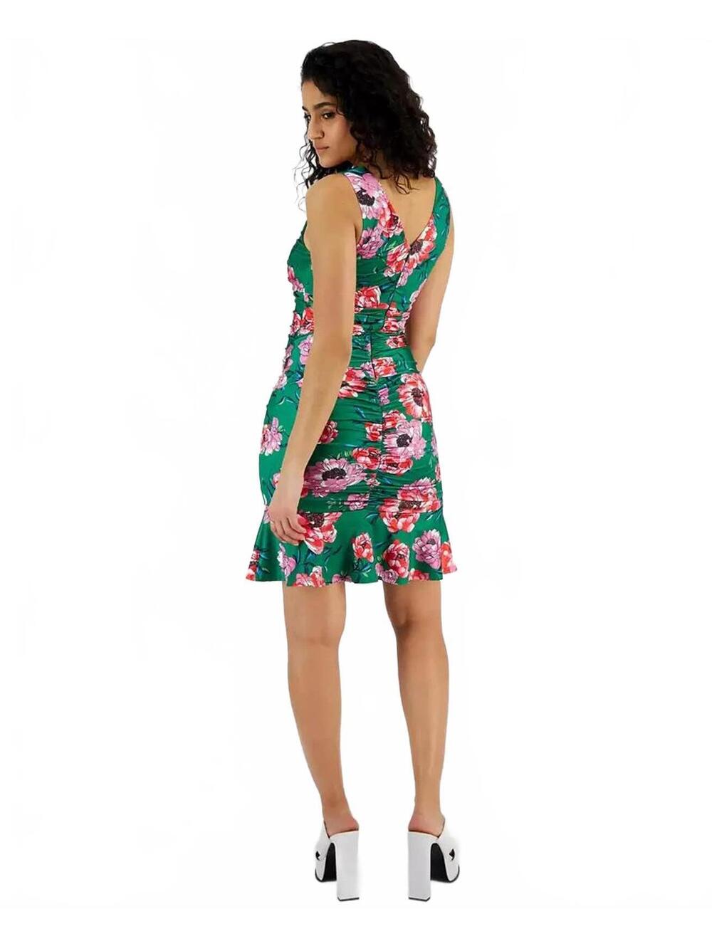 NWT GUESS Green Floral Ruched Sleeveless Mini Dress Size 6 - Picture 2 of 7